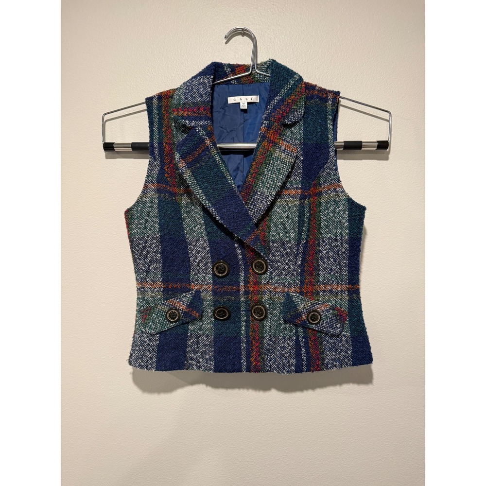 Cabi 908 Women Blue Green Plaid Wool Blend Double Breasted Tailored Vest Size M